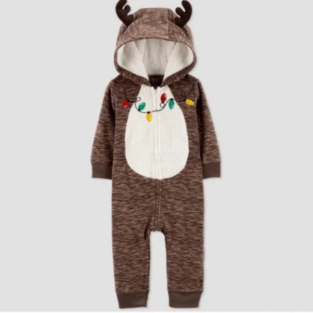 Reindeer Fleece Hooded Romper Just One You by Carter’s 12M Christmas Onesie PJs